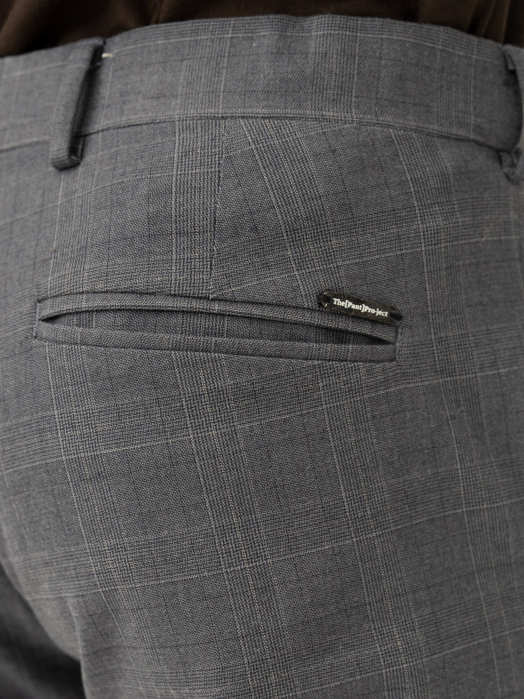 Back pocket detail of blue grey checkered slim fit stretch formal Pant at Pant Project