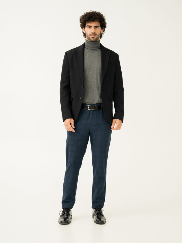 Full view of navy blue checkered slim fit stretch formal pant at Pant Project