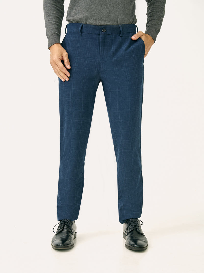 Front view of navy blue checkered slim fit stretch formal pant at Pant Project