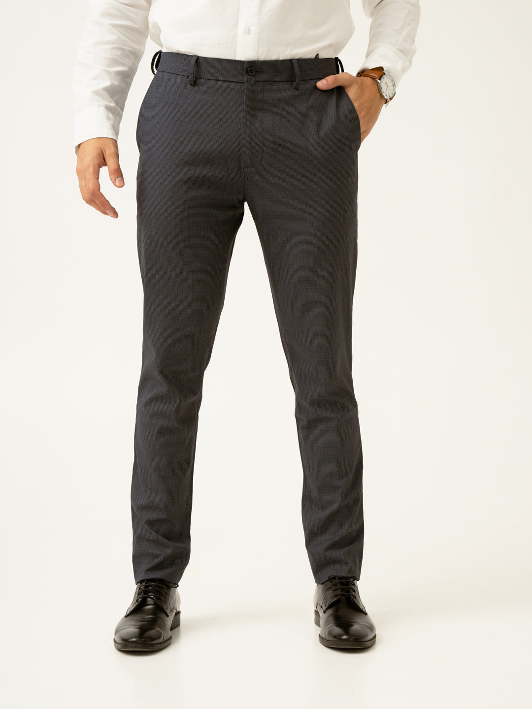 Gunmetal Grey Micro Checks Slim Fit Stretch Formal Pant