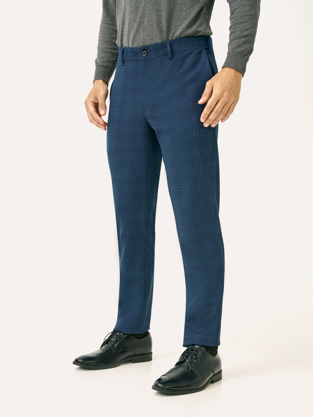 Side view of navy blue checkered slim fit stretch formal pant at Pant Project