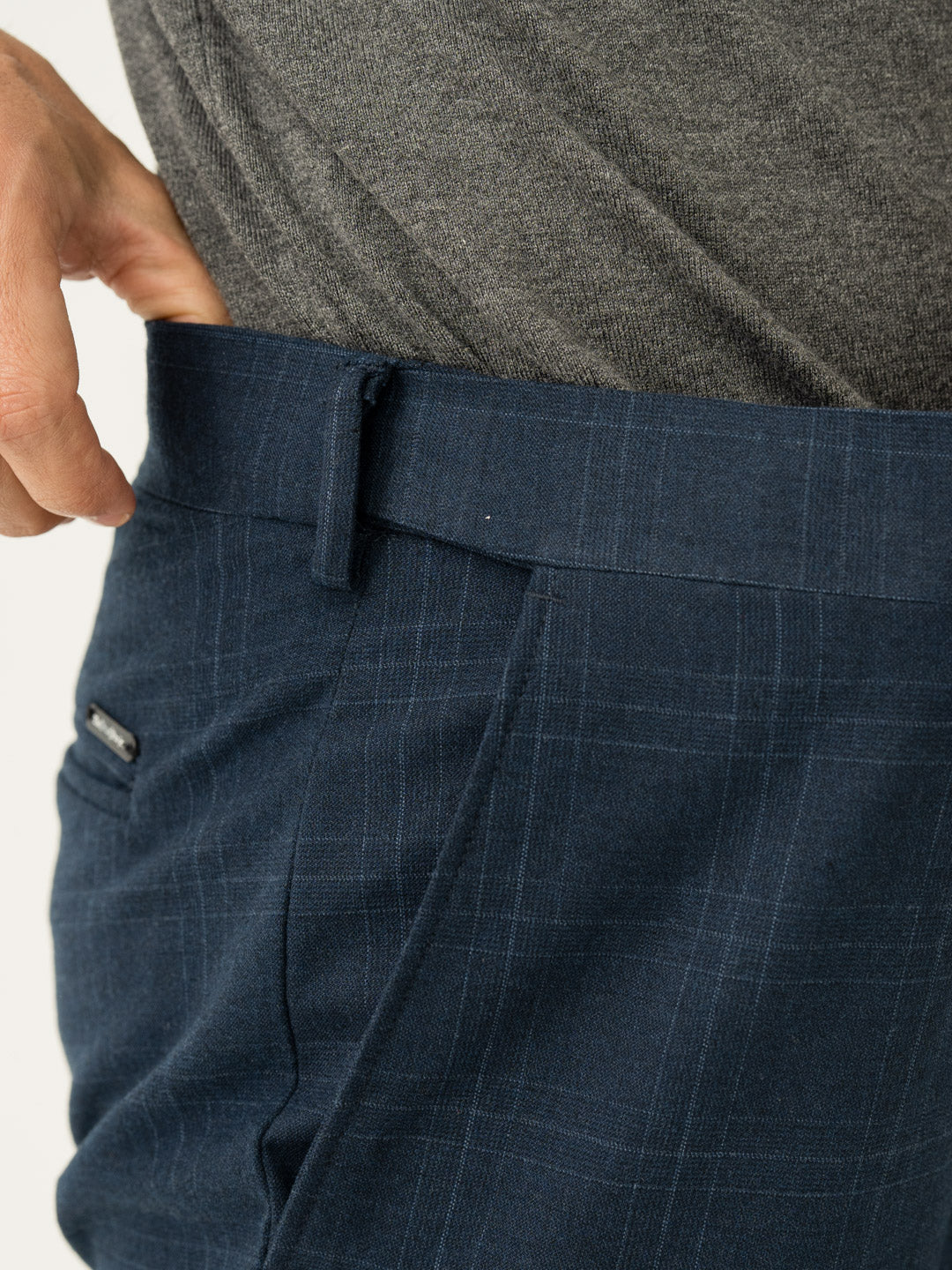 Stretch waistband close up of navy blue checkered slim fit stretch formal pant at Pant Project