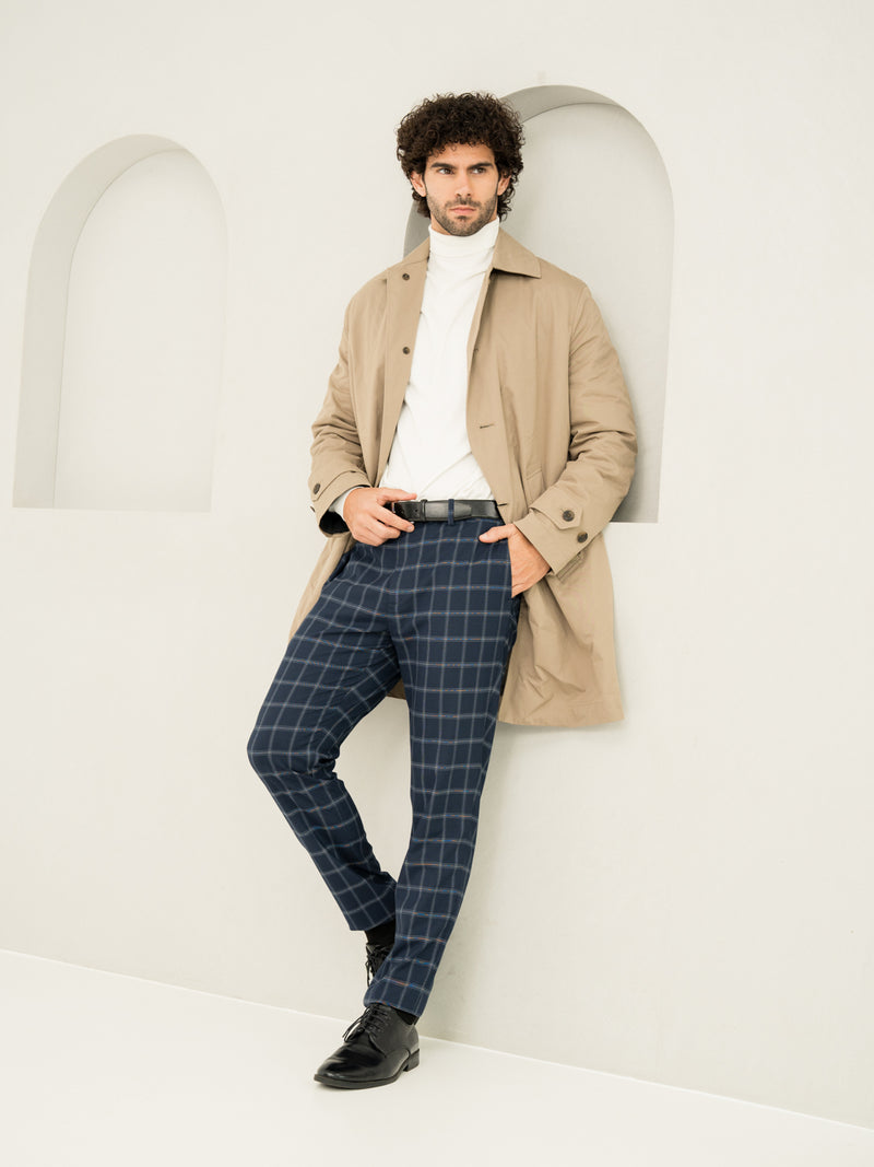 Side full view of blue big checkered slim fit stretch formal pant at Pant Project