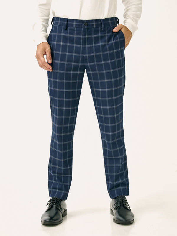 Front view of blue big checkered slim fit stretch formal pant at Pant Project