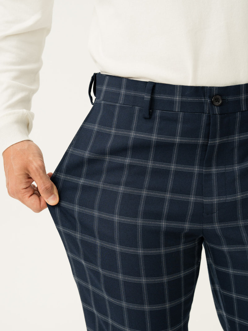 Stretch feature of blue big checkered slim fit stretch formal pant at Pant Project