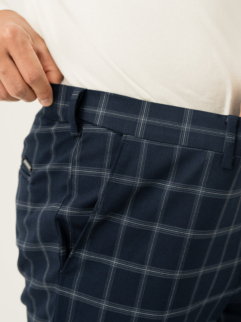 Stretch waistband close up of blue big checkered slim fit stretch formal pant at Pant Project