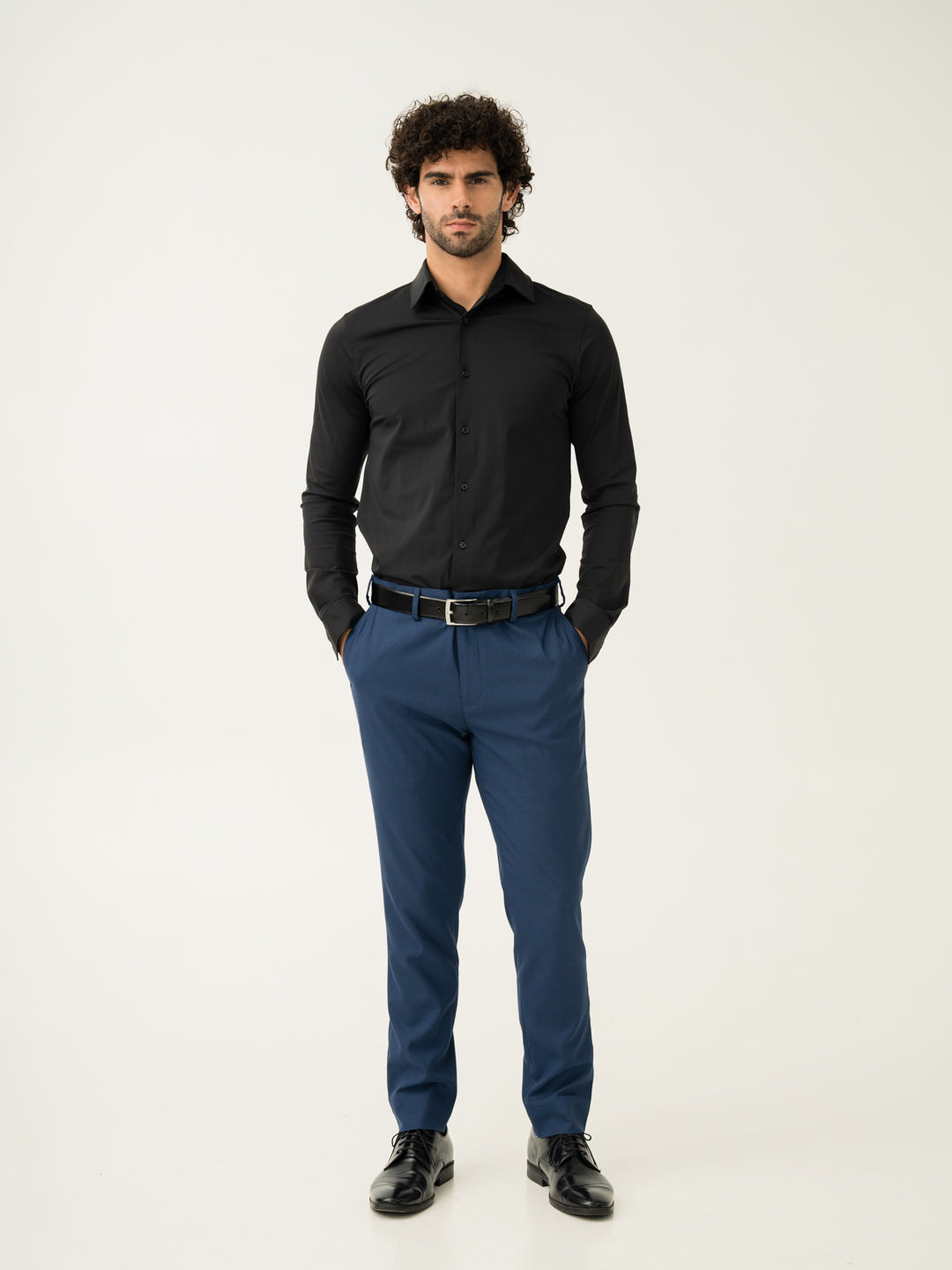 Full view of blue houndstooth slim fit stretch formal pant at Pant Project