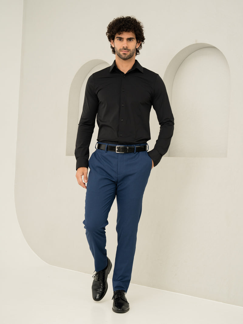 Full front view of blue houndstooth slim fit stretch formal pant at Pant Project