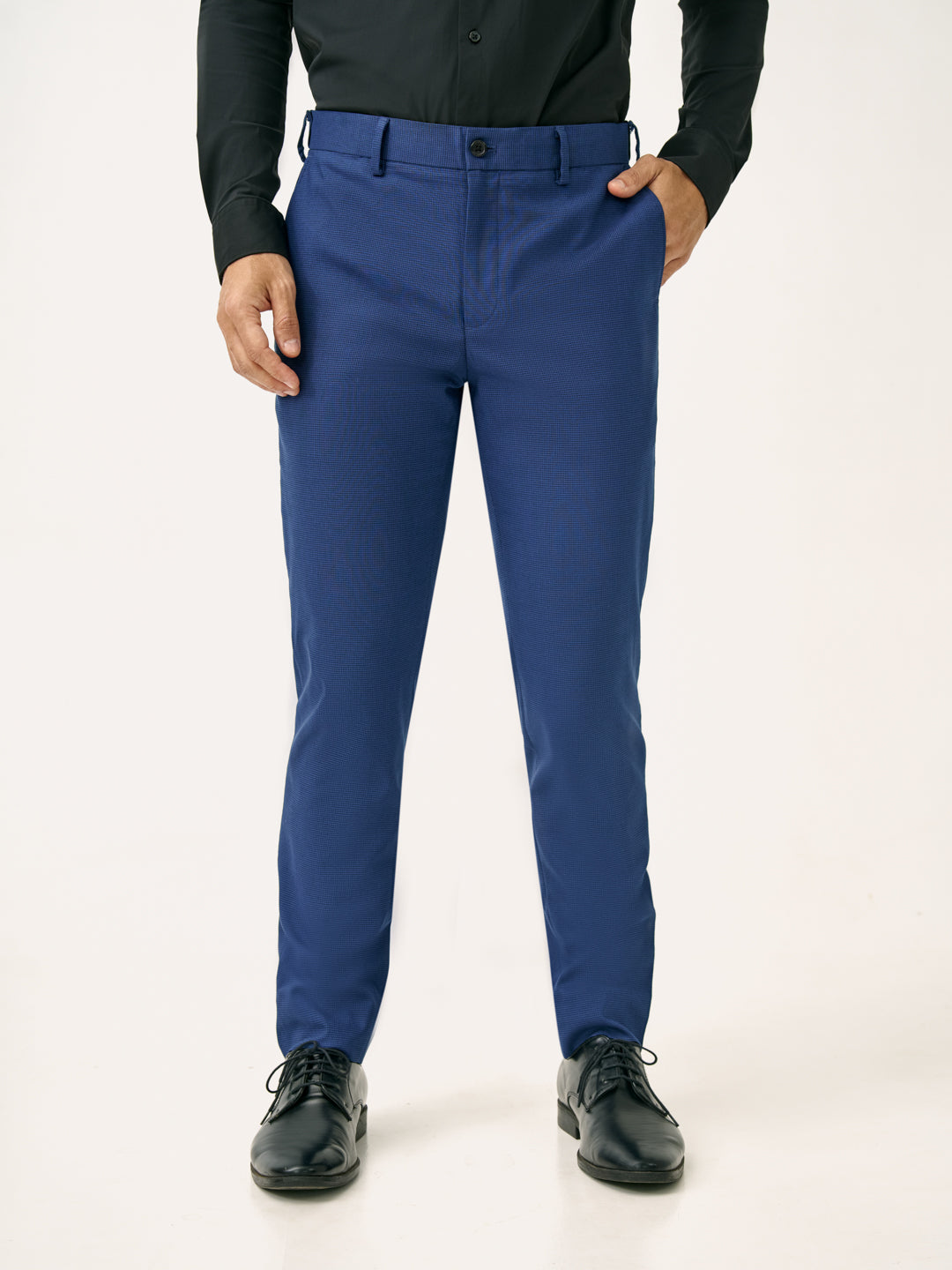 Front view of blue houndstooth slim fit stretch formal pant at Pant Project