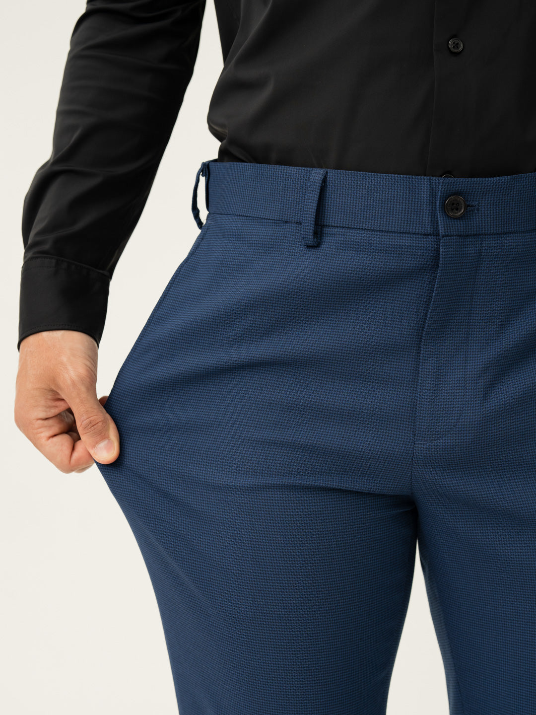 Stretch feature of blue houndstooth slim fit stretch formal pant at Pant Project