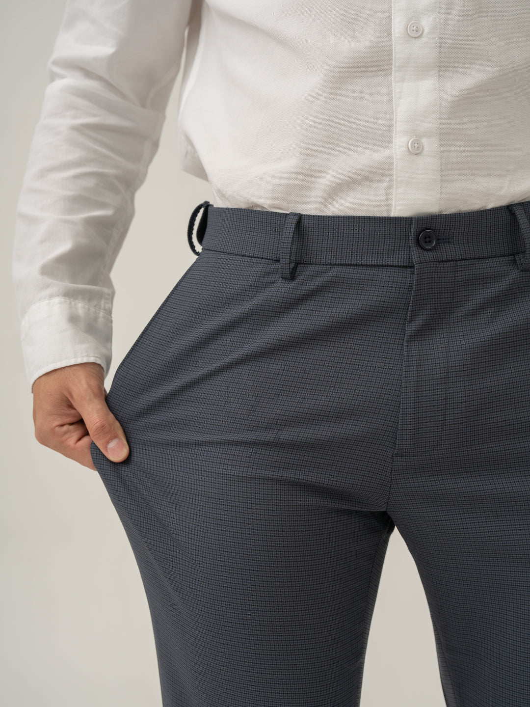 Gunmetal Grey Micro Checks Slim Fit Stretch Formal Pant