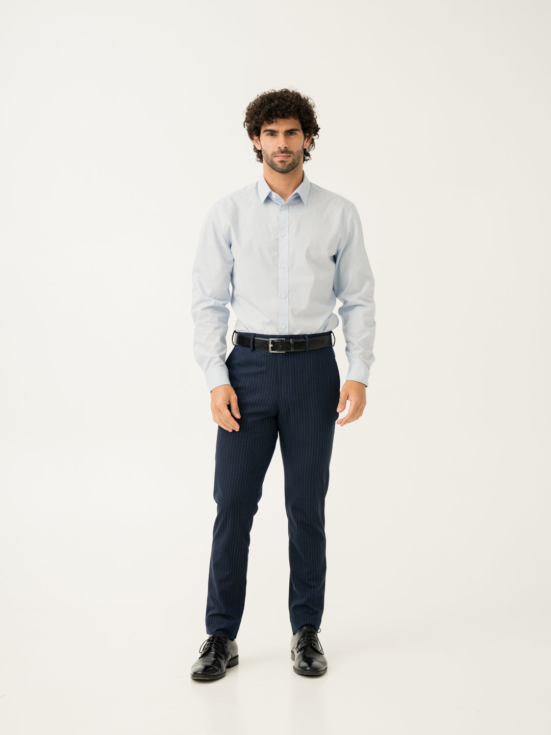 Full view of navy dotted stripe slim fit stretch formal pant at Pant Project