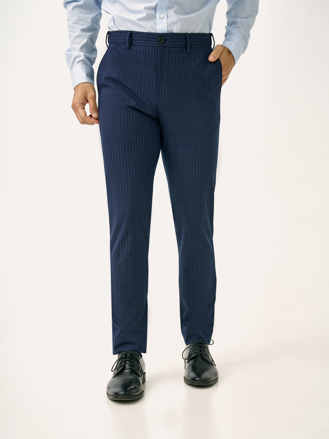 Front view of navy dotted stripe slim fit stretch formal pant at Pant Project