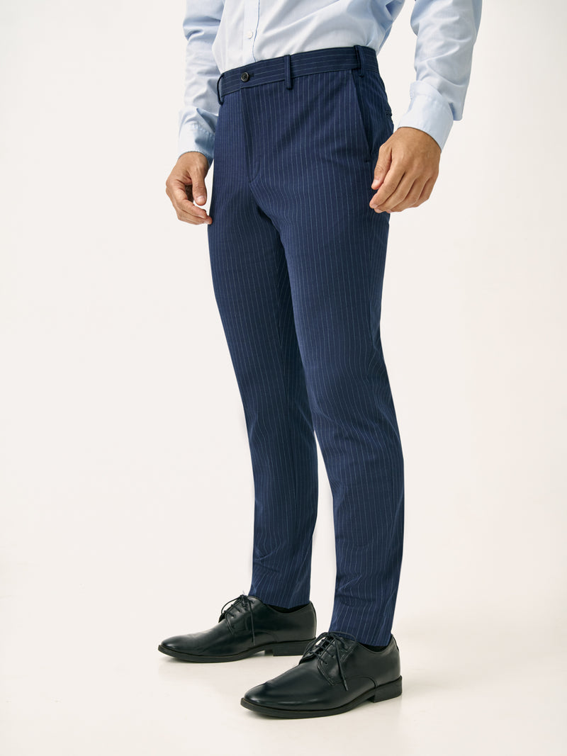 Side front view of navy dotted stripe slim fit stretch formal pant at Pant Project