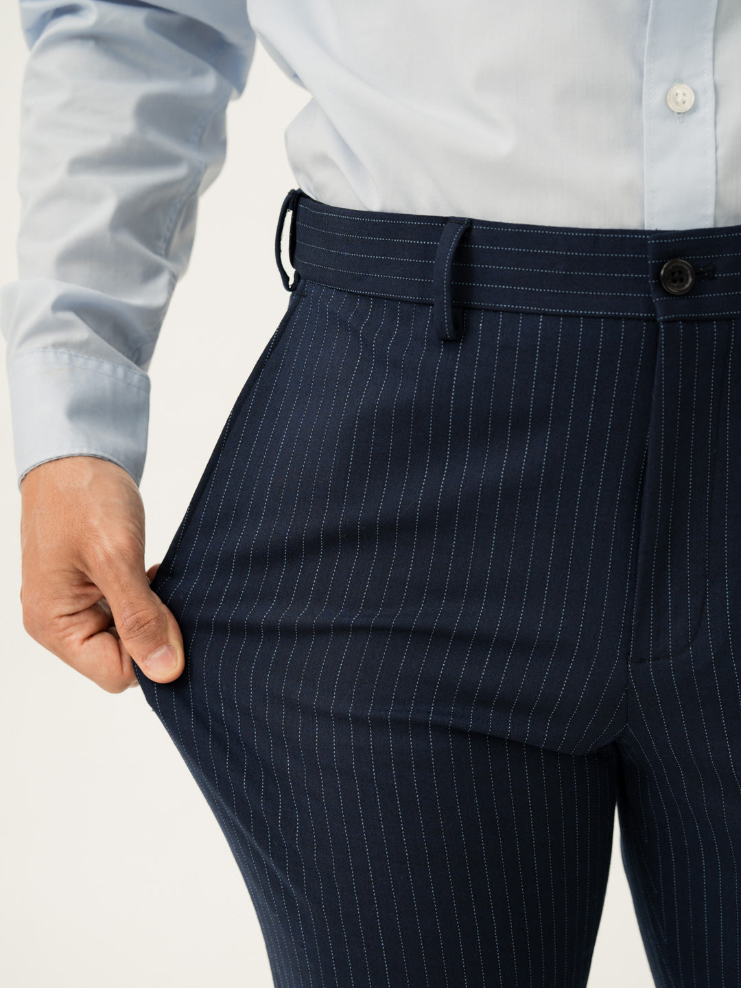 Stretch feature of navy dotted stripe slim fit stretch formal pant at Pant Project