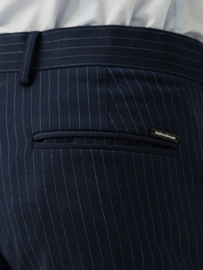 Back pocket detail of navy dotted stripe slim fit stretch formal pant at Pant Project