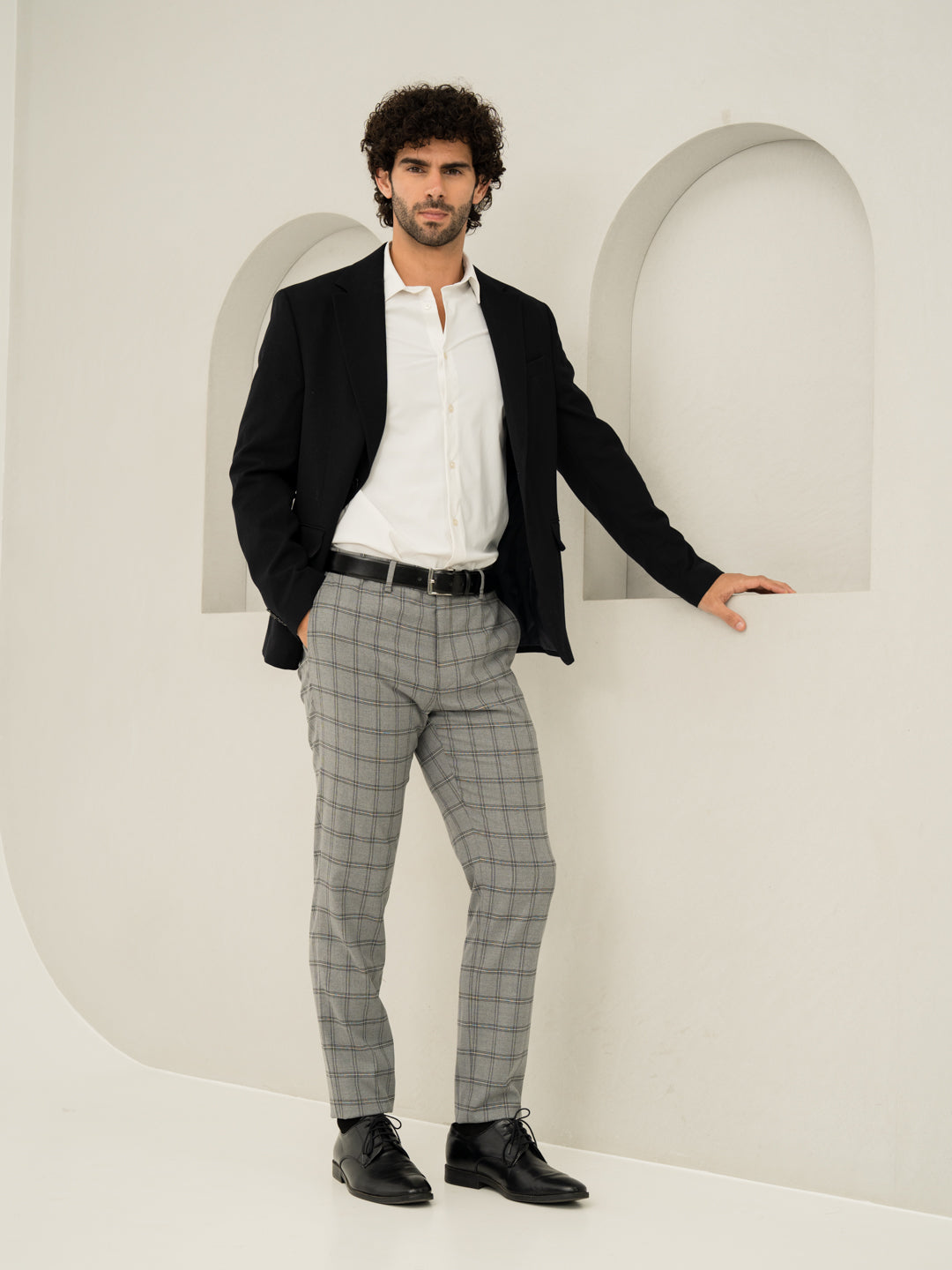 Full view of grey big checkered slim fit stretch formal pant at Pant Project