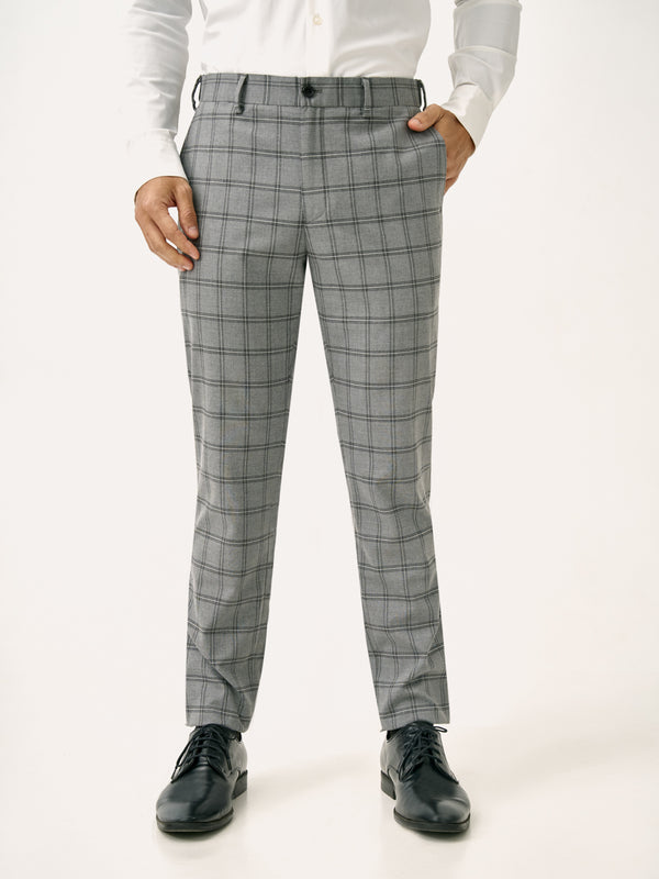 Front view of grey big checkered slim fit stretch formal pant at Pant Project