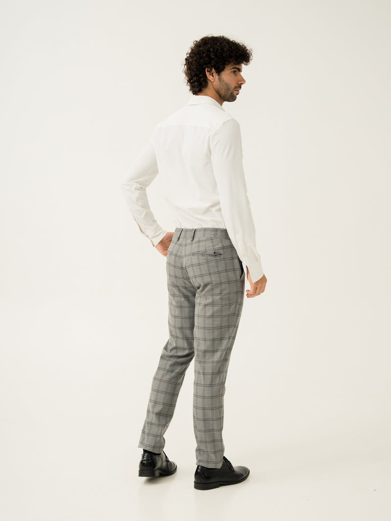 Back side view of grey big checkered slim fit stretch formal pant at Pant Project