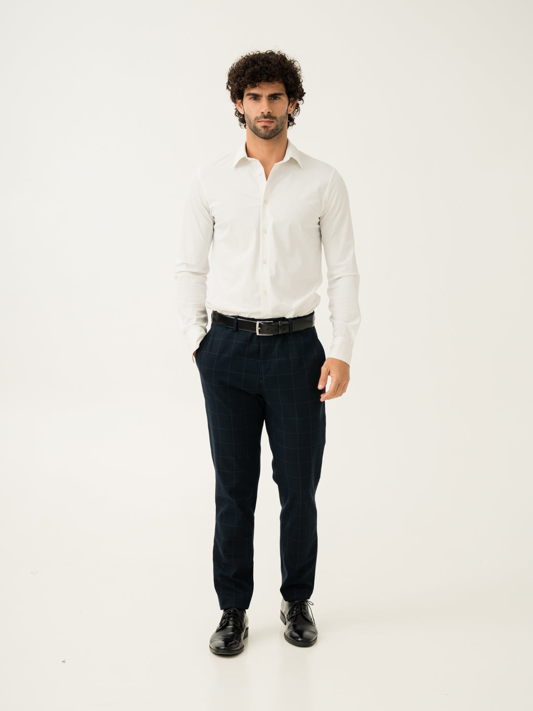 Full view of navy windowpane check slim fit stretch formal pant at Pant Project