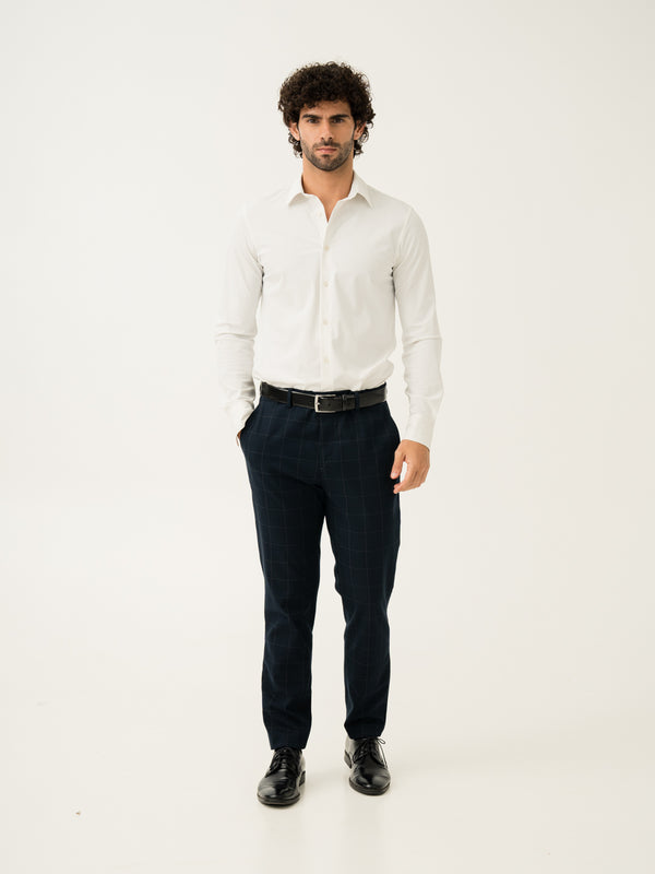 Full view of navy windowpane check slim fit stretch formal pant at Pant Project