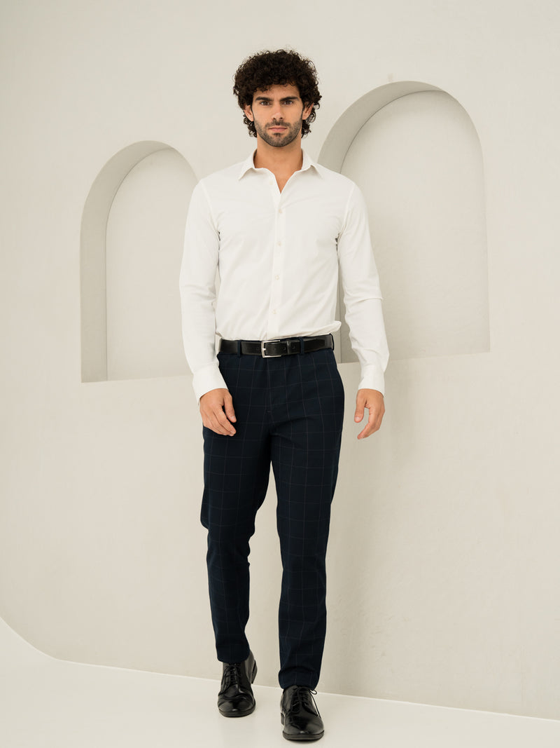 Full front view of navy windowpane check slim fit stretch formal pant at Pant Project