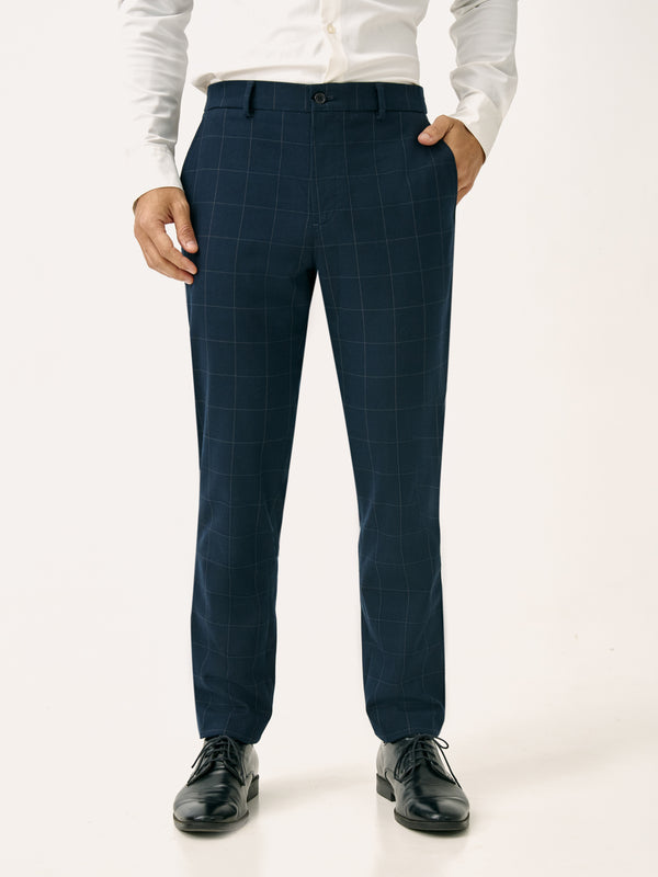 Front view of navy windowpane check slim fit stretch formal pant at Pant Project