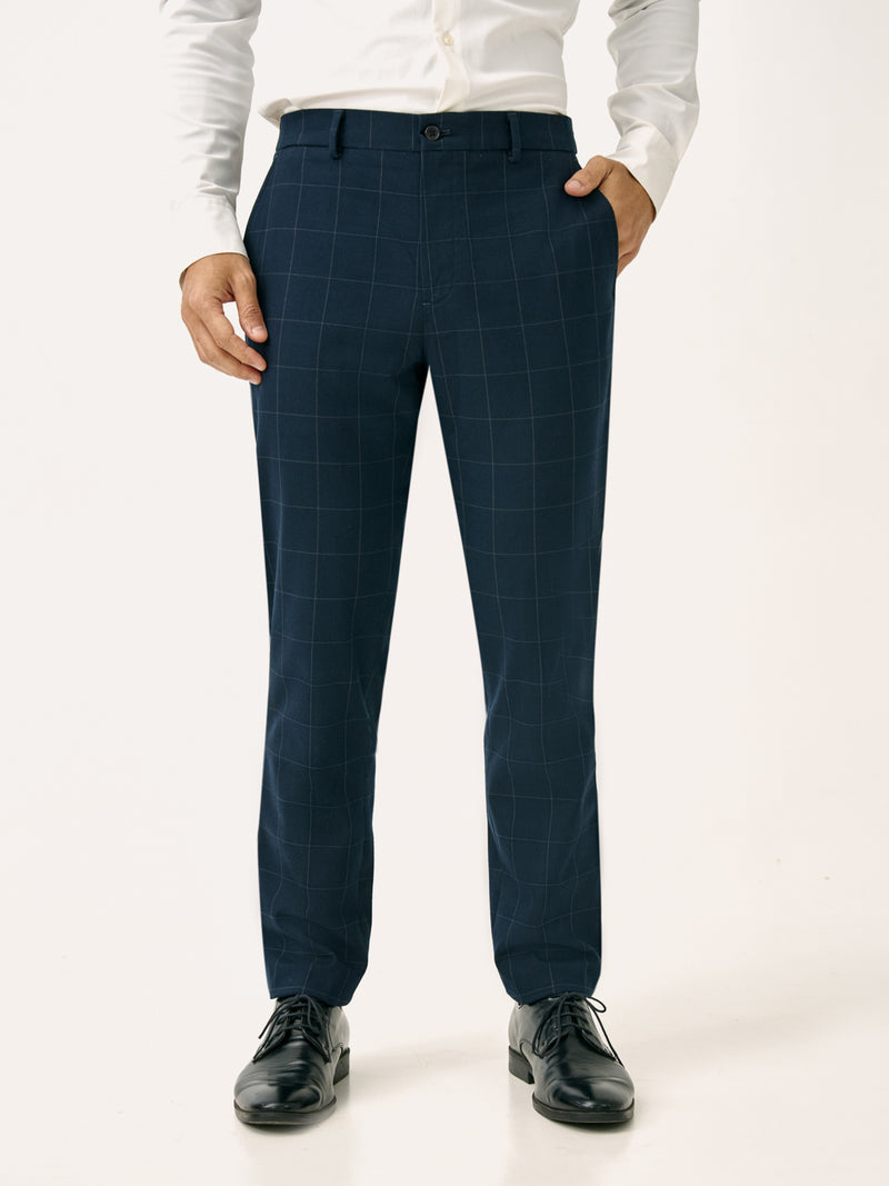 Front view of navy windowpane check slim fit stretch formal pant at Pant Project