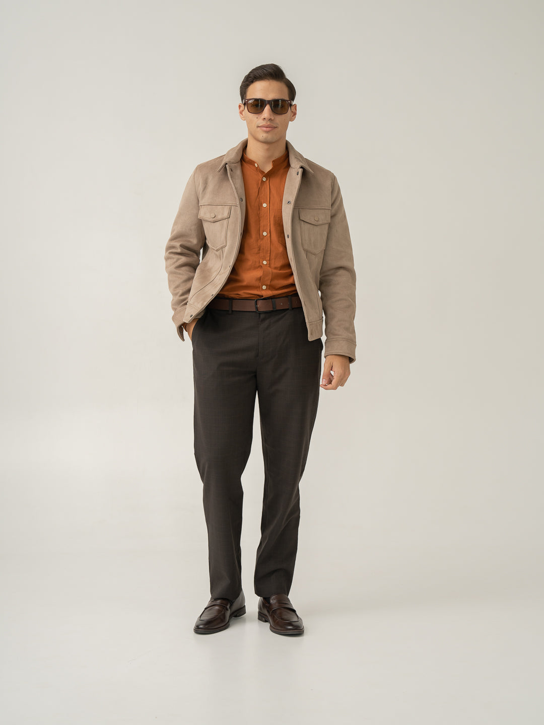 Styled look with bond brown checks merino wool pants at Pant Project