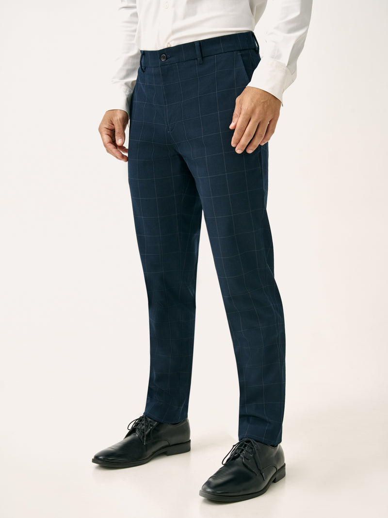 Side view of navy windowpane check slim fit stretch formal pant at Pant Project