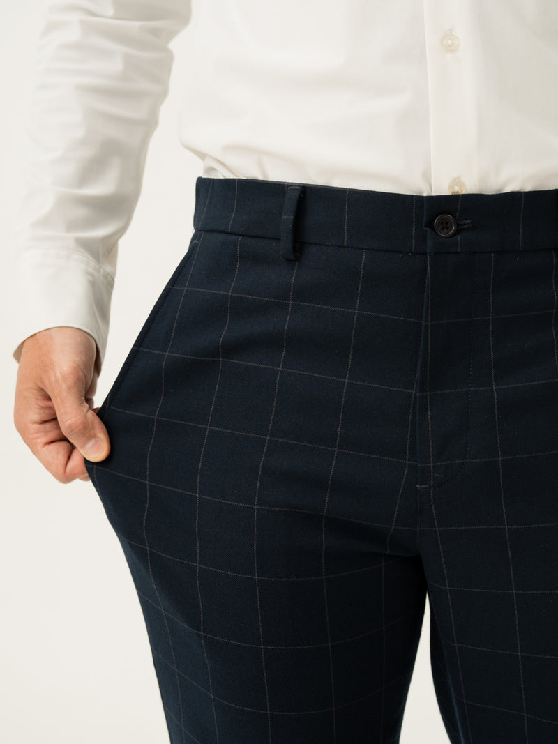 Stretch feature of navy windowpane check slim fit stretch formal pant at Pant Project