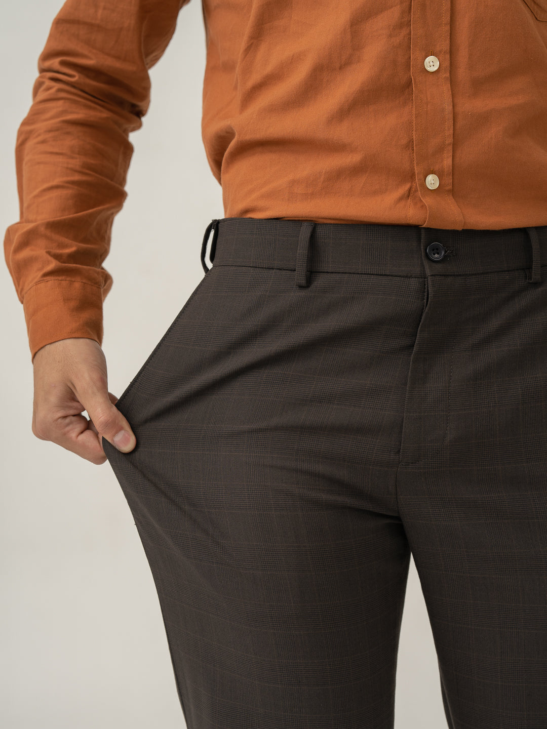 stretch feature of bond brown checks merino wool pants at Pant Project