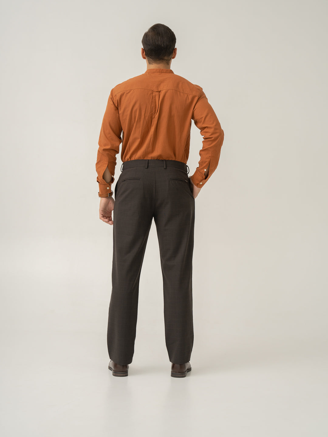 Full length back view of bond brown checks merino wool pants at Pant Project