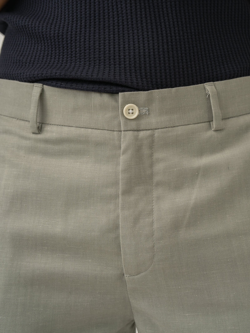 Waistband close up of galle green tropical wool linen pant at Pant Project