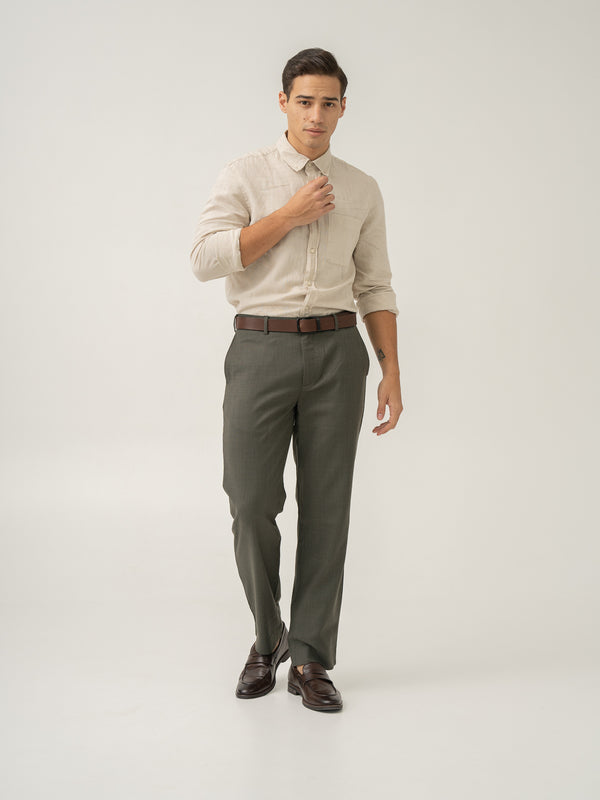 Full view of turtle olive luxury merino wool pant at Pant Project