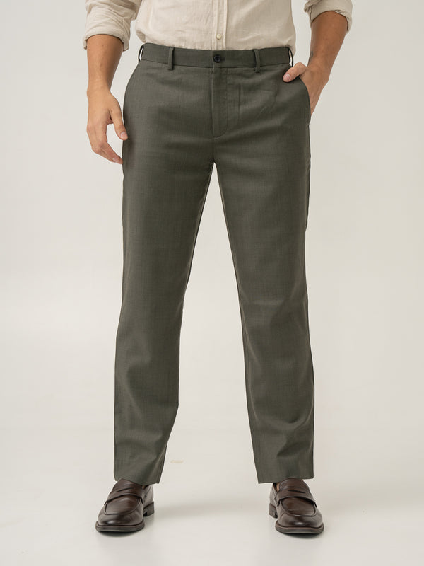 Front view of turtle olive luxury merino wool pant at Pant Project