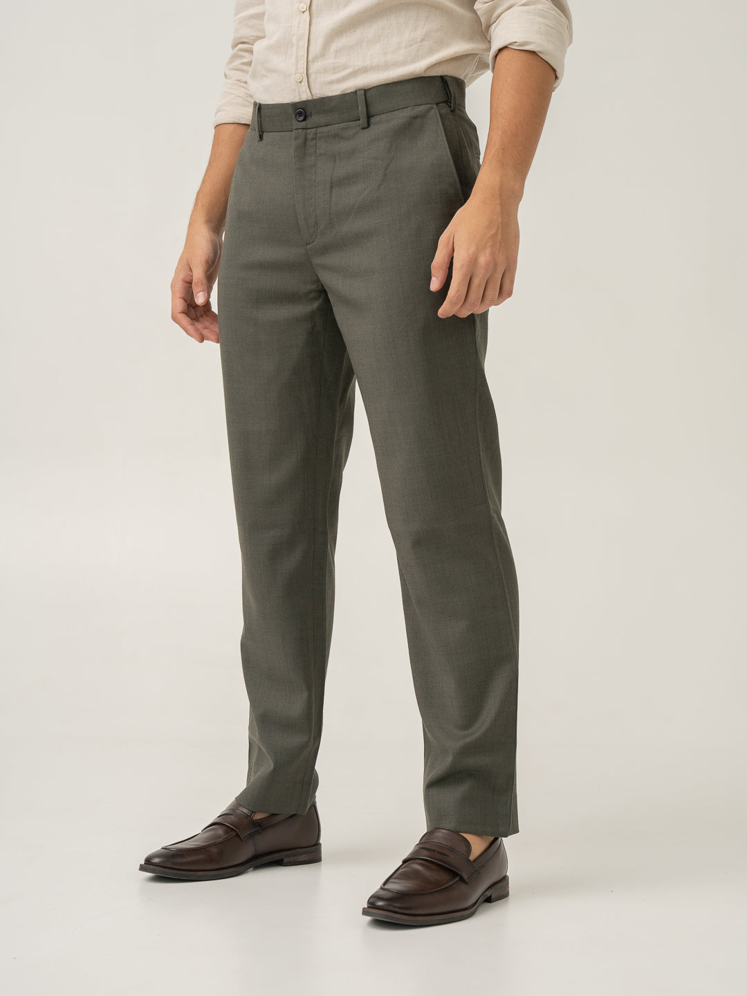 Side view of turtle olive luxury merino wool pant at Pant Project