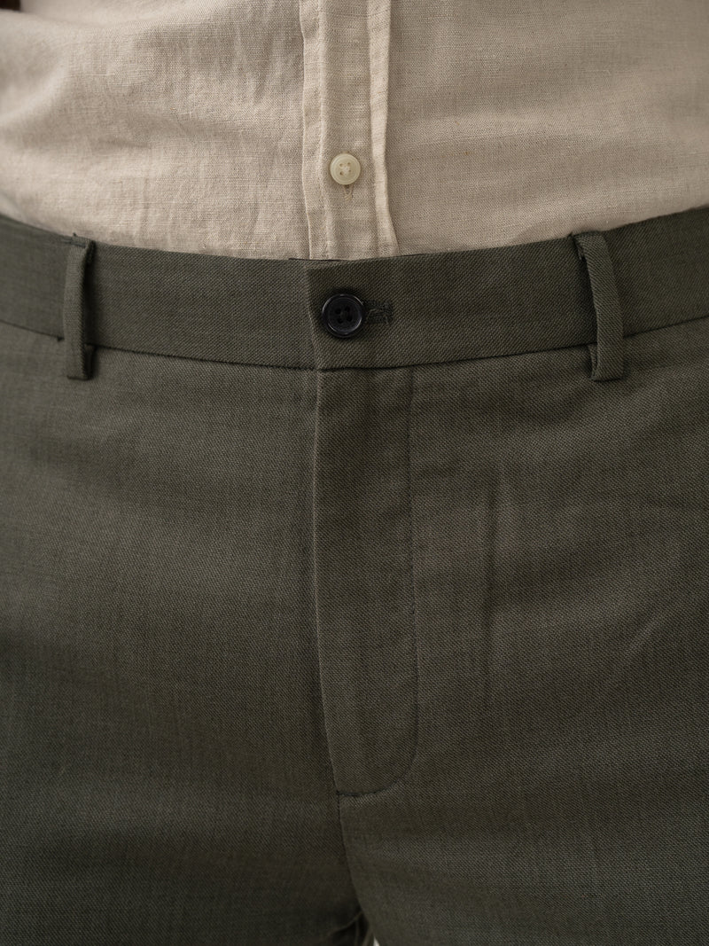 Waistband close up of turtle olive luxury merino wool pant at Pant Project