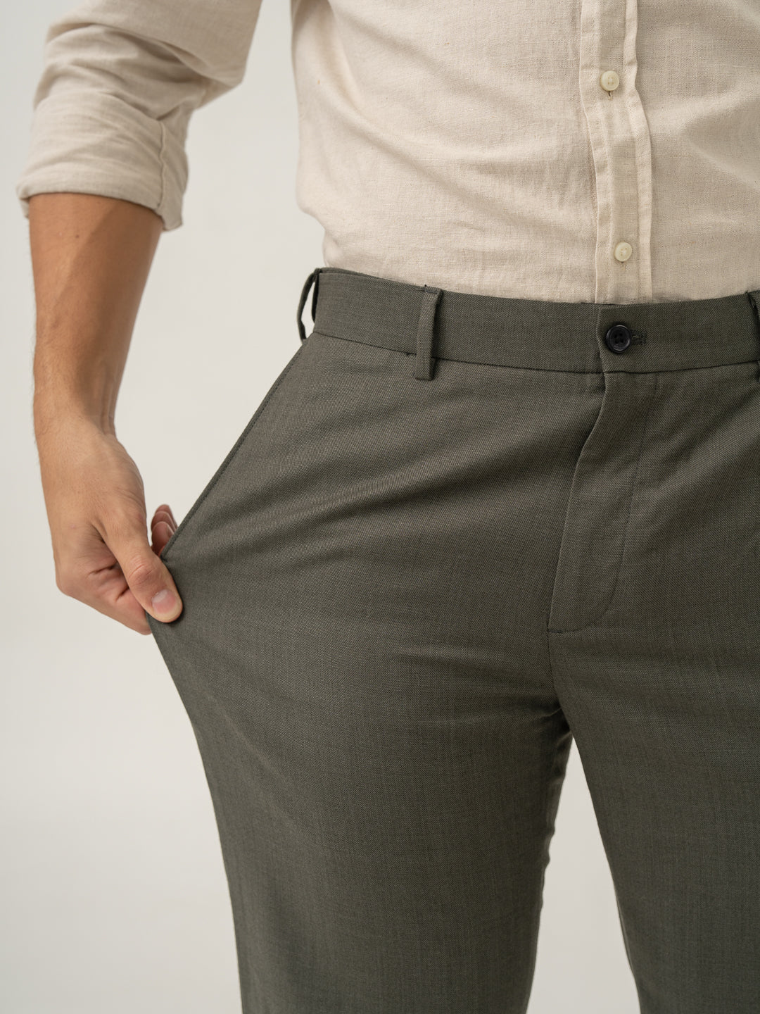 Stretch feature of turtle olive luxury merino wool pant at Pant Project