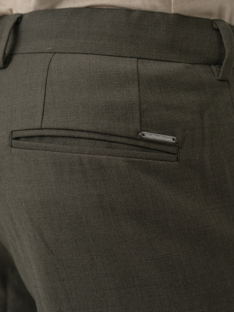 Back pocket detail of turtle olive luxury merino wool pant at Pant Project