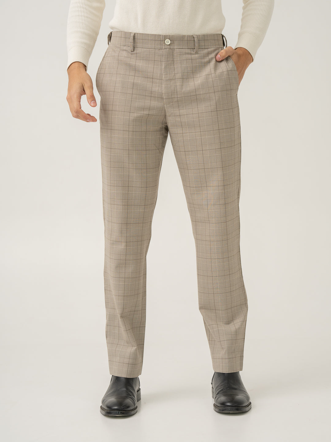 Front view of squirrel beige checks merino wool pant at Pant Project