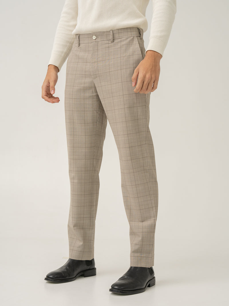 Side view of squirrel beige checks merino wool pant at Pant Project