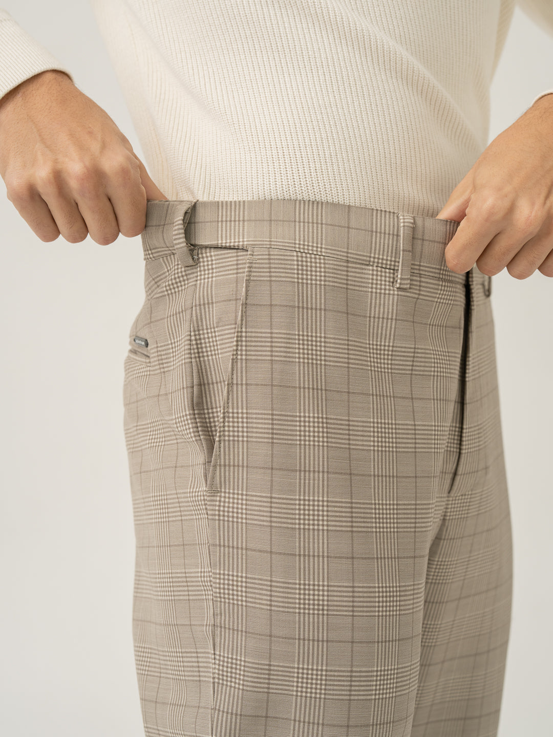 Stretch waistband close up of squirrel beige checks merino wool pant at Pant Project