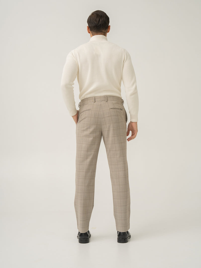 Full length back view of squirrel beige checks merino wool pant at Pant Project