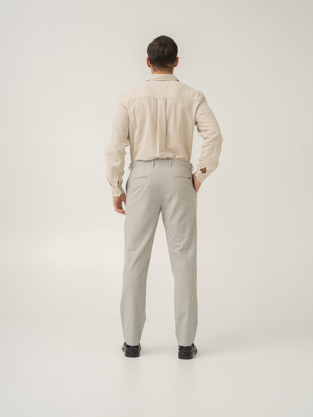 Full length back view of george grey checks merino wool pants at Pant Project