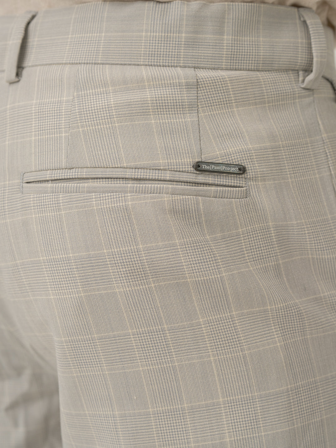 Back pocket detail of george grey checks merino wool pants at Pant Project