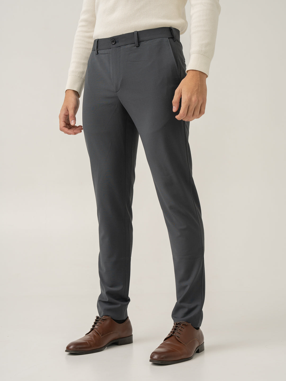 Side view of geneva grey luxury merino wool pant at Pant Project