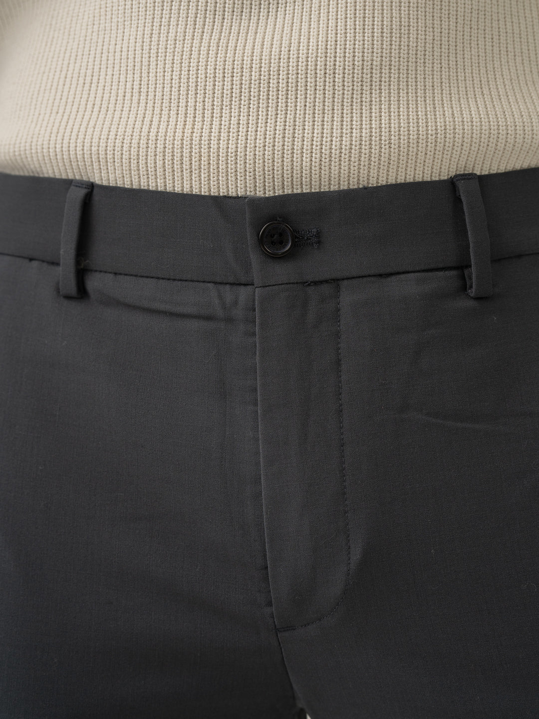 Waistband close up of geneva grey luxury merino wool pant at Pant Project