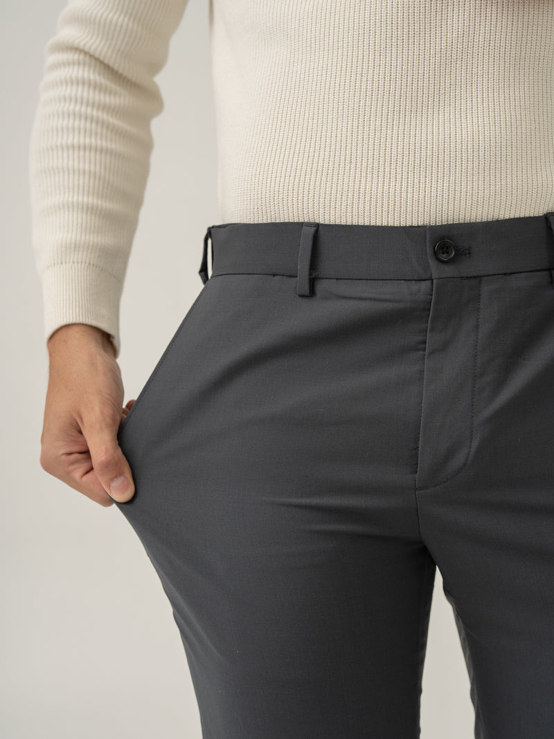 Stretch feature of geneva grey luxury merino wool pant at Pant Project