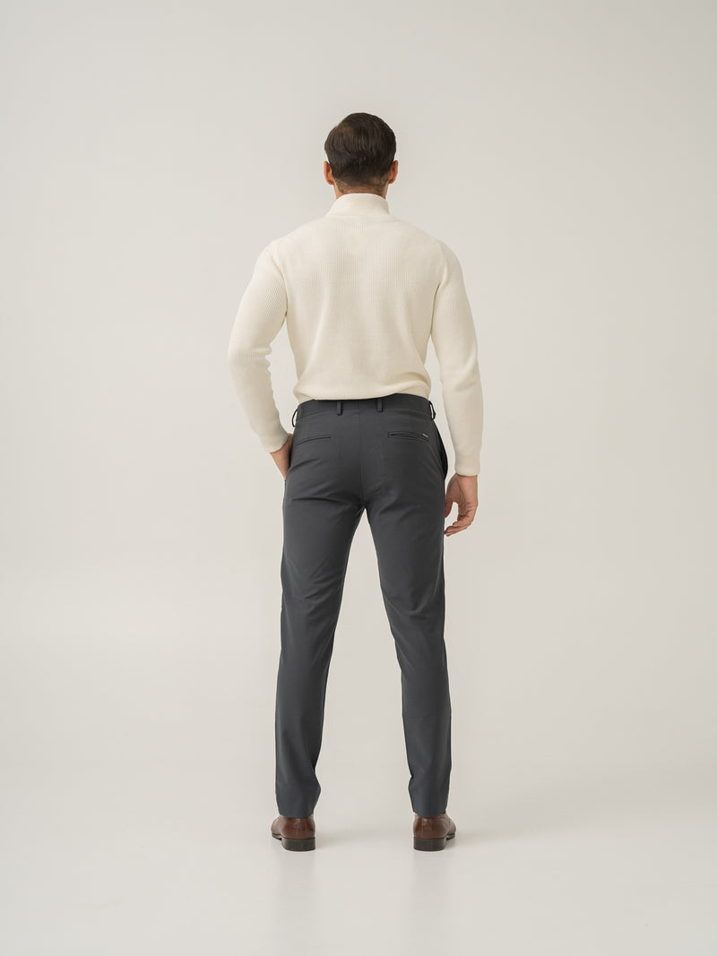 Full length back view of geneva grey luxury merino wool pant at Pant Project